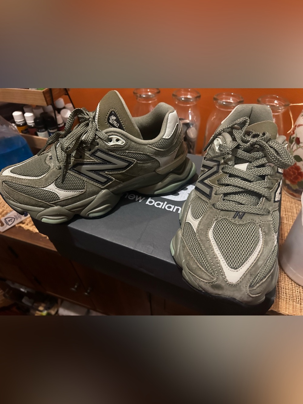 New Balance Men's Olive Green and Cream 9060-Style Sneakers